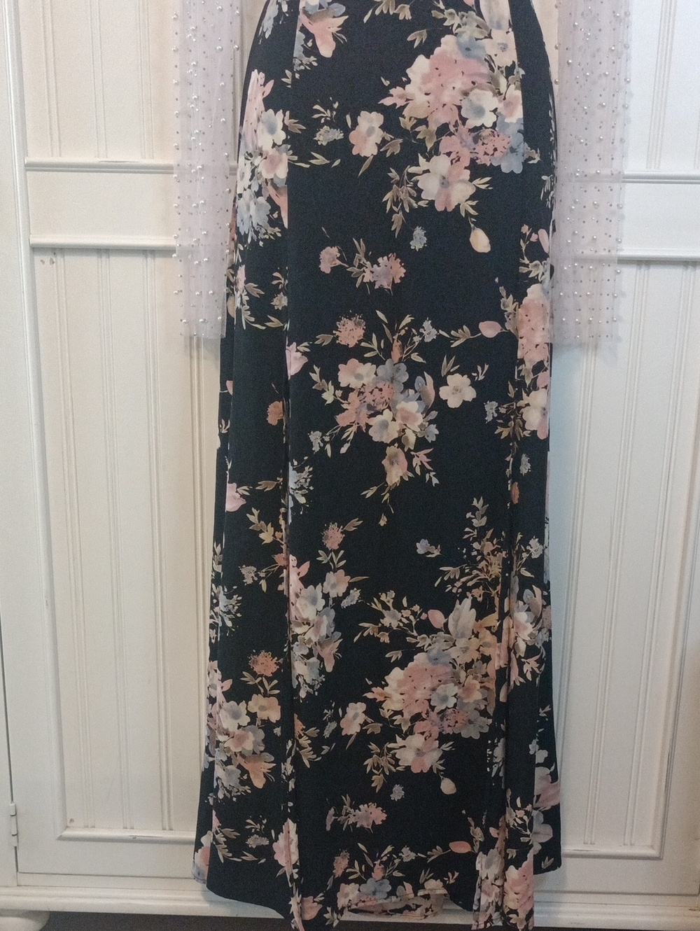 Floral Bohemian Double Slit Black Peach Blue Medium Size M Maxi Skirt